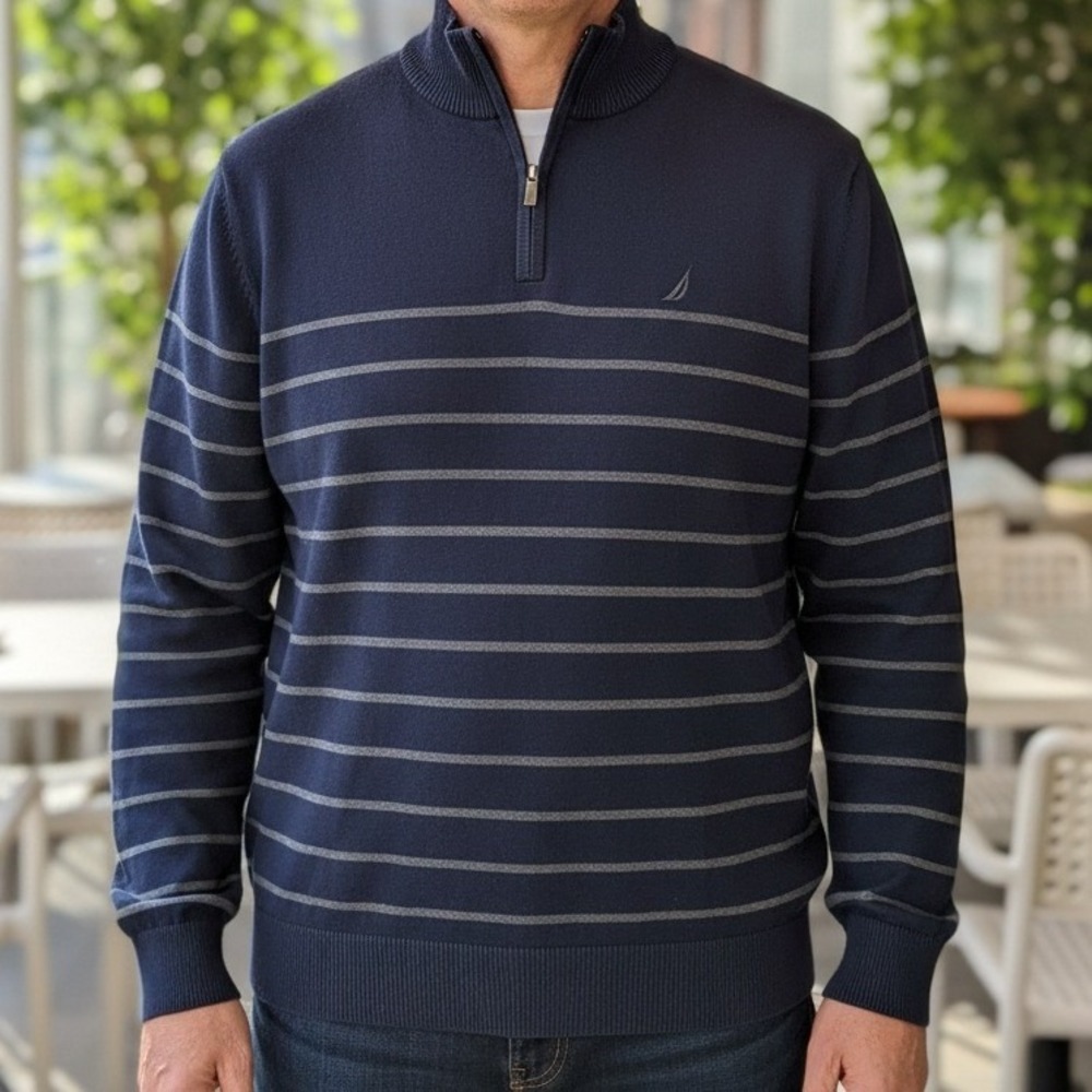Nautica Mens 2XL Quarter Zip Pullover Sweater‎ Navy Blue Grey Striped Knit Logo